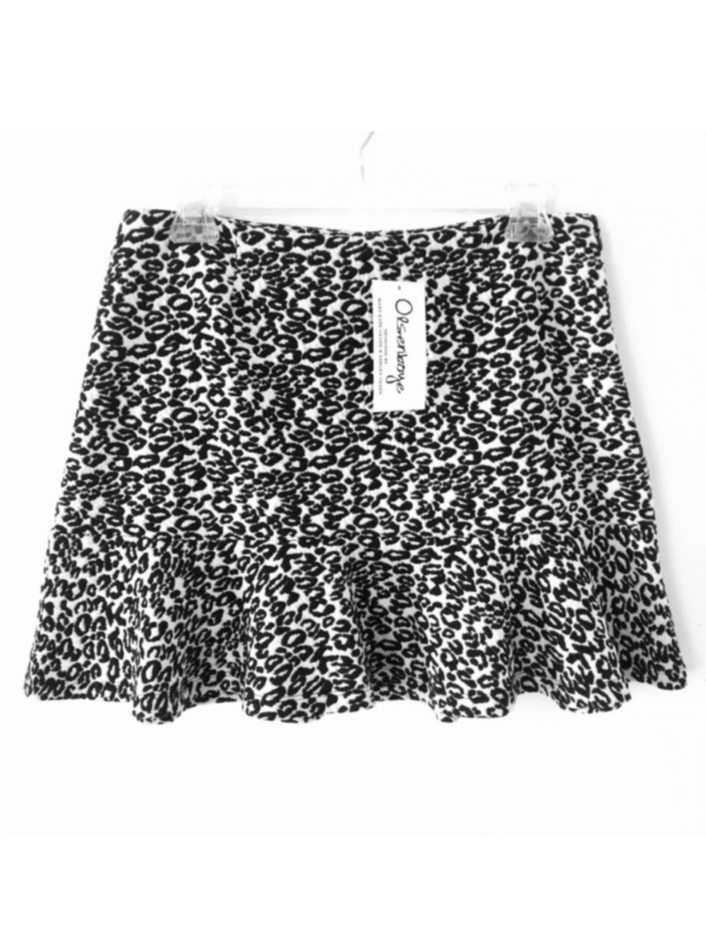Olsenboye Black &  White Leopard Print Mini A-Line Skirt Flounce Hem Zipper